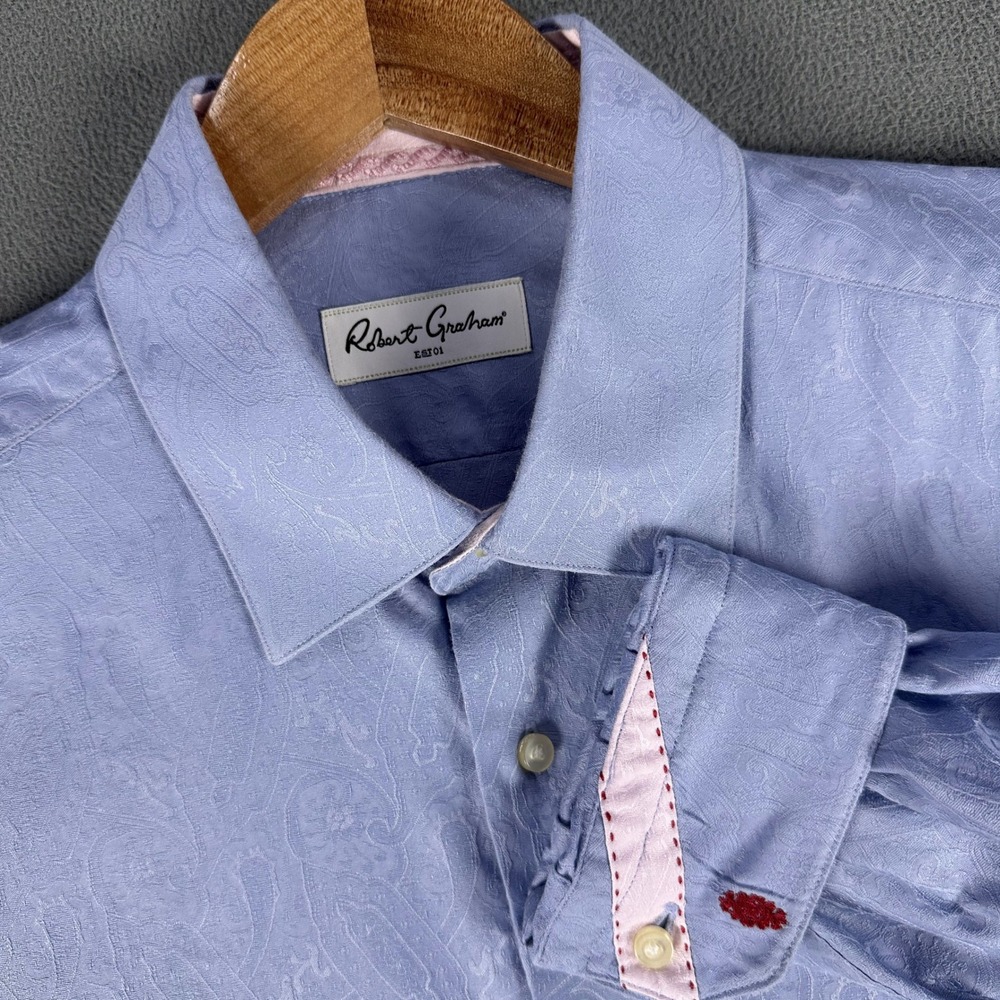 Robert Graham Shirt 16.5 Blue Pink Jacquard Colorful Abstract Flip Cuff Party‎